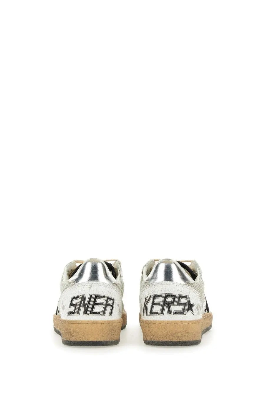 Back view of golden goose men’s sneaker ball star silver in silver and white with distressed finish and black heel lettering