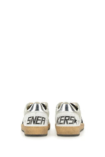Back view of golden goose men’s sneaker ball star silver in silver and white with distressed finish and black heel lettering