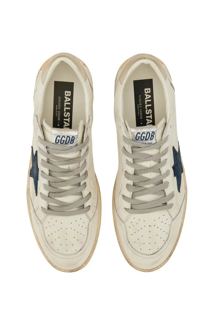 Golden Goose men’s sneaker ball star white cream leather with navy blue star accents gray laces and distressed finish