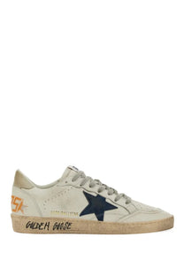 Cream-colored leather golden goose men’s sneaker ball star white with navy blue star patch and distressed sole