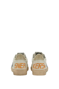 Back view of golden goose men’s sneaker ball star white leather sneakers with orange heel lettering and vintage distressed look