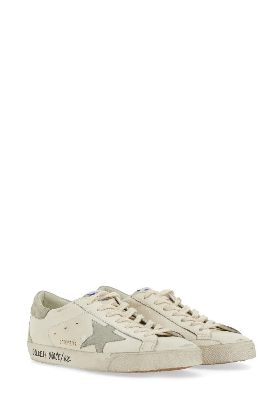 Golden Goose men’s sneaker superstar white cream leather with silver star emblem and golden goose branding on the side