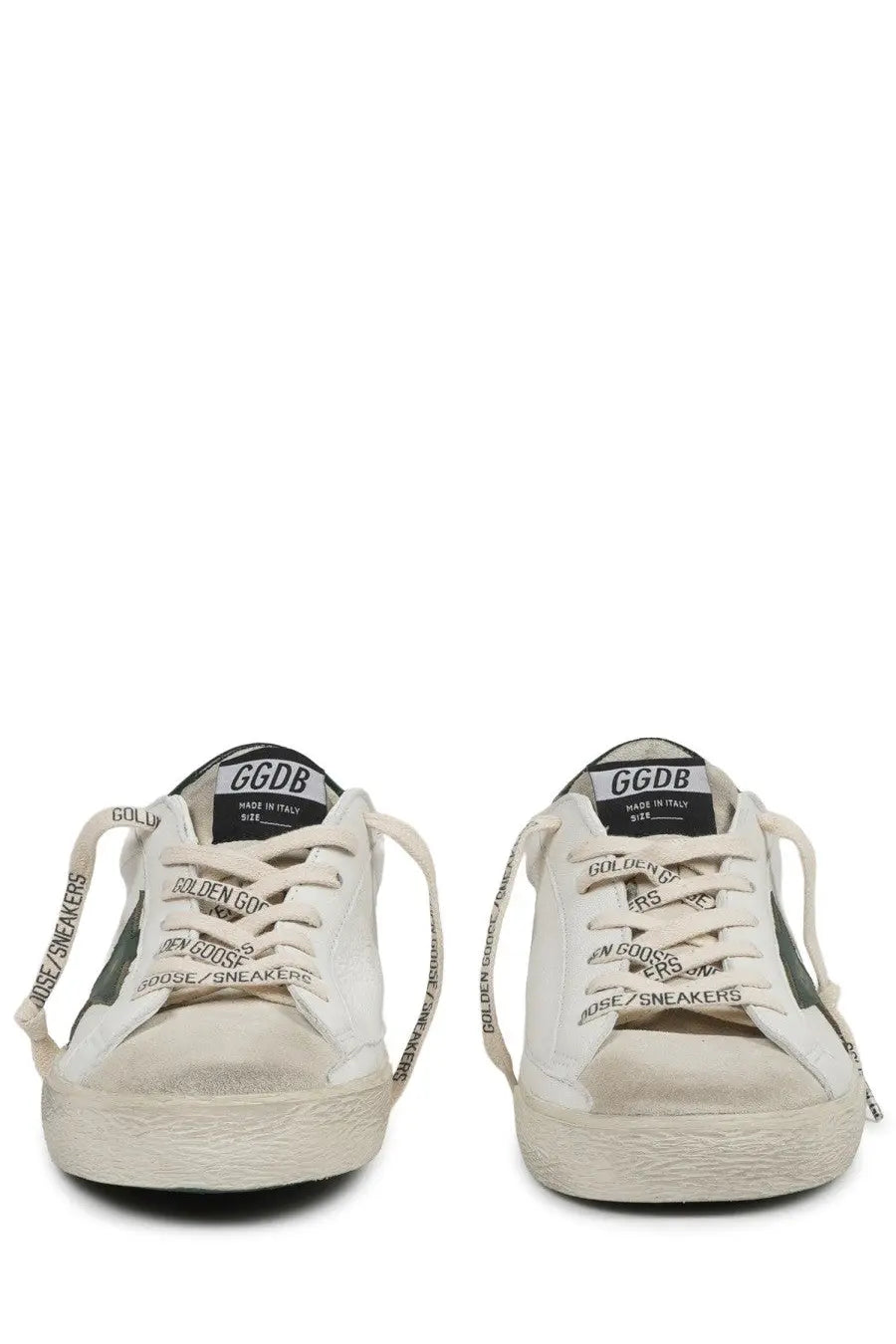 Golden Goose men’s sneaker Superstar white distressed canvas low-top with black and gold branding details