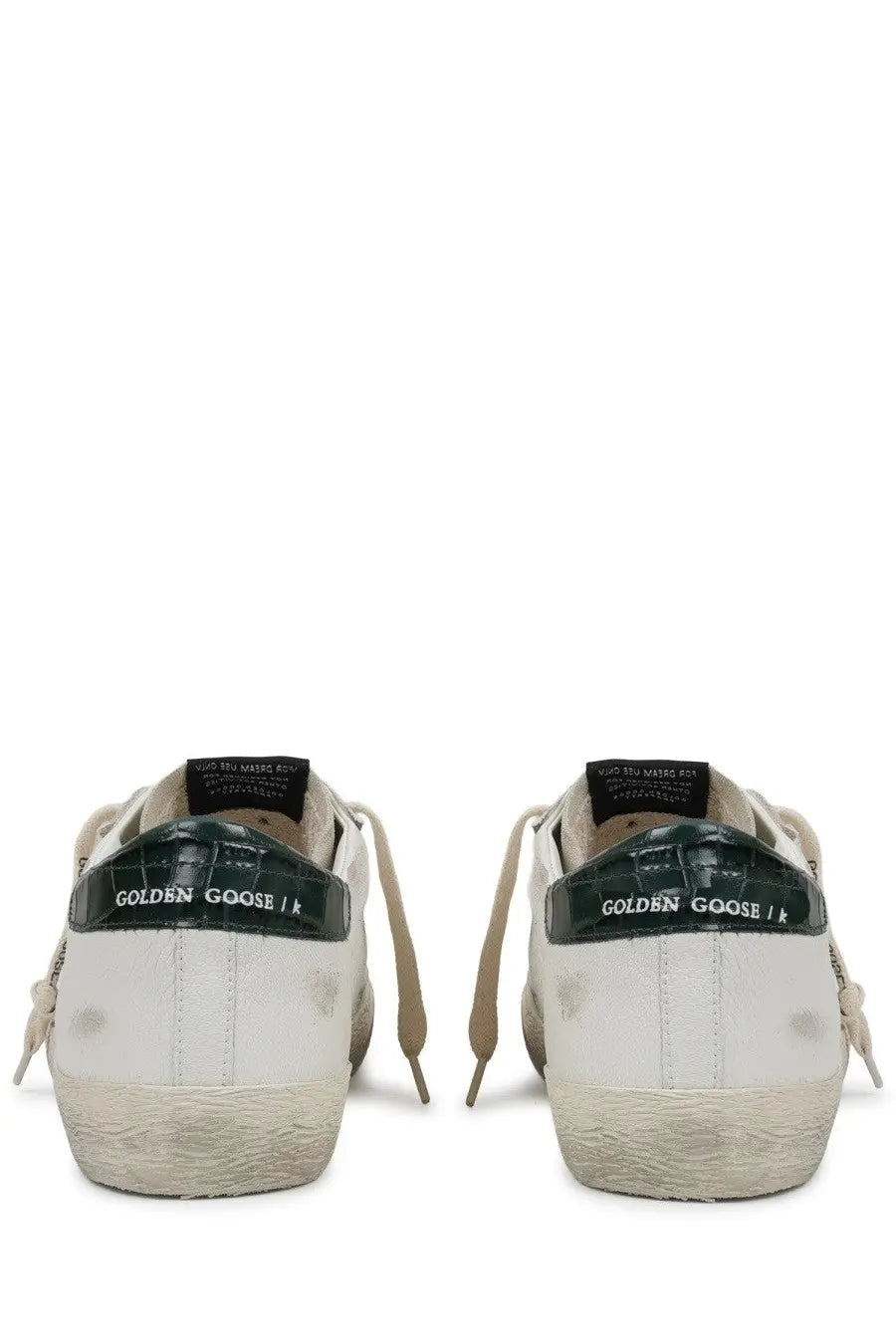 Golden Goose men’s sneaker Superstar white leather with dark green crocodile heel tab and beige laces with golden goose k branding