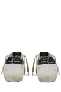 Golden Goose men’s sneaker Superstar white leather with dark green crocodile heel tab and beige laces with golden goose k branding