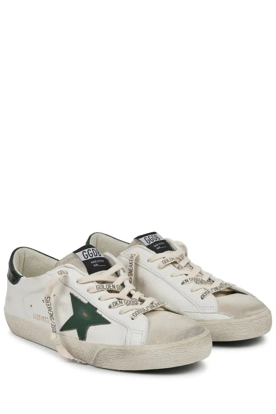 Golden Goose men’s sneaker superstar white leather with a dark green star and black branding details on the side