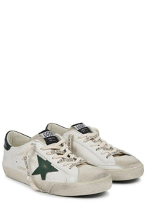 Golden Goose men’s sneaker superstar white leather with a dark green star and black branding details on the side