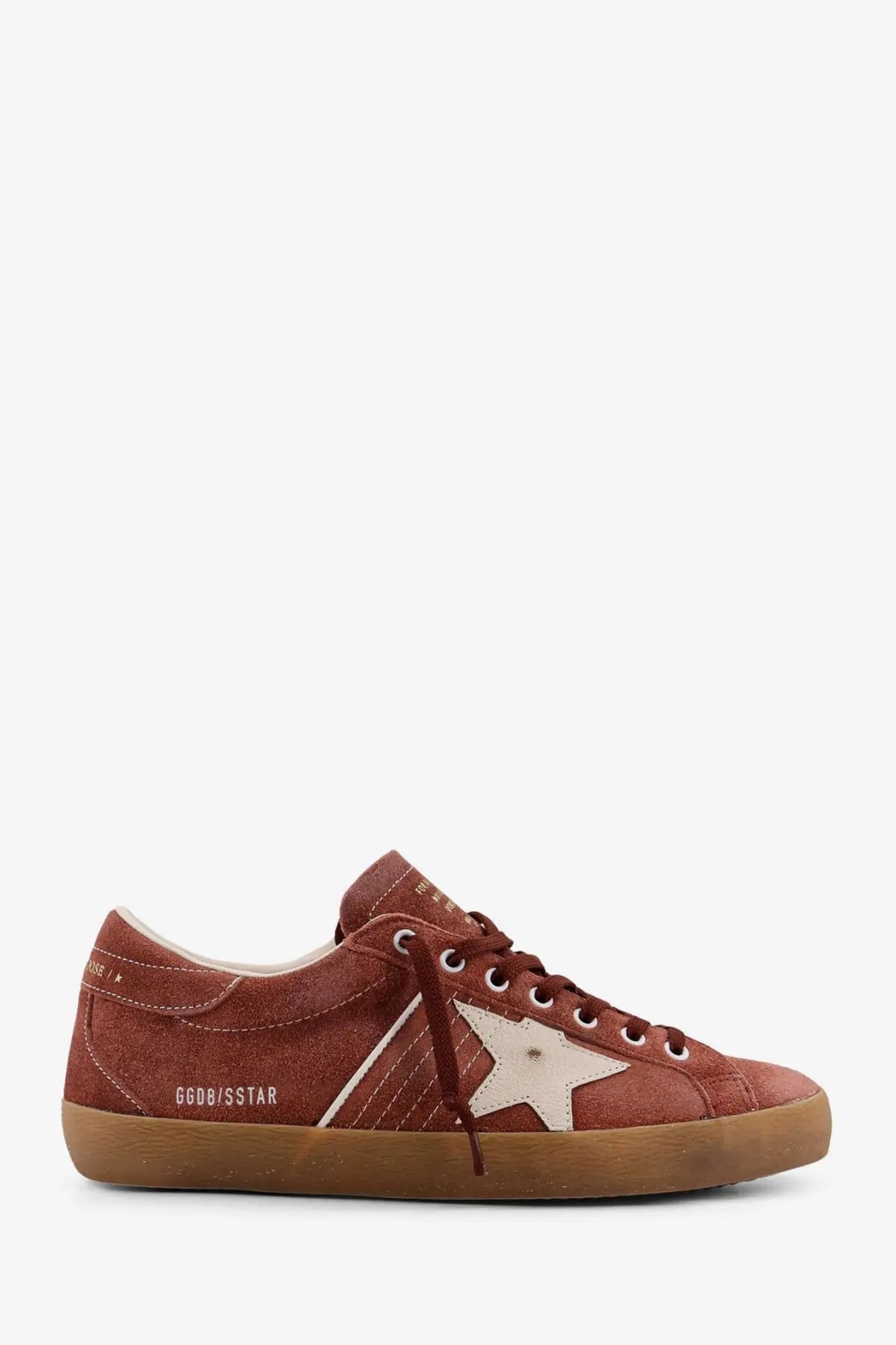 Golden Goose men’s super star low-top brown suede sneaker with cream star patch and ggdb star branding on the side