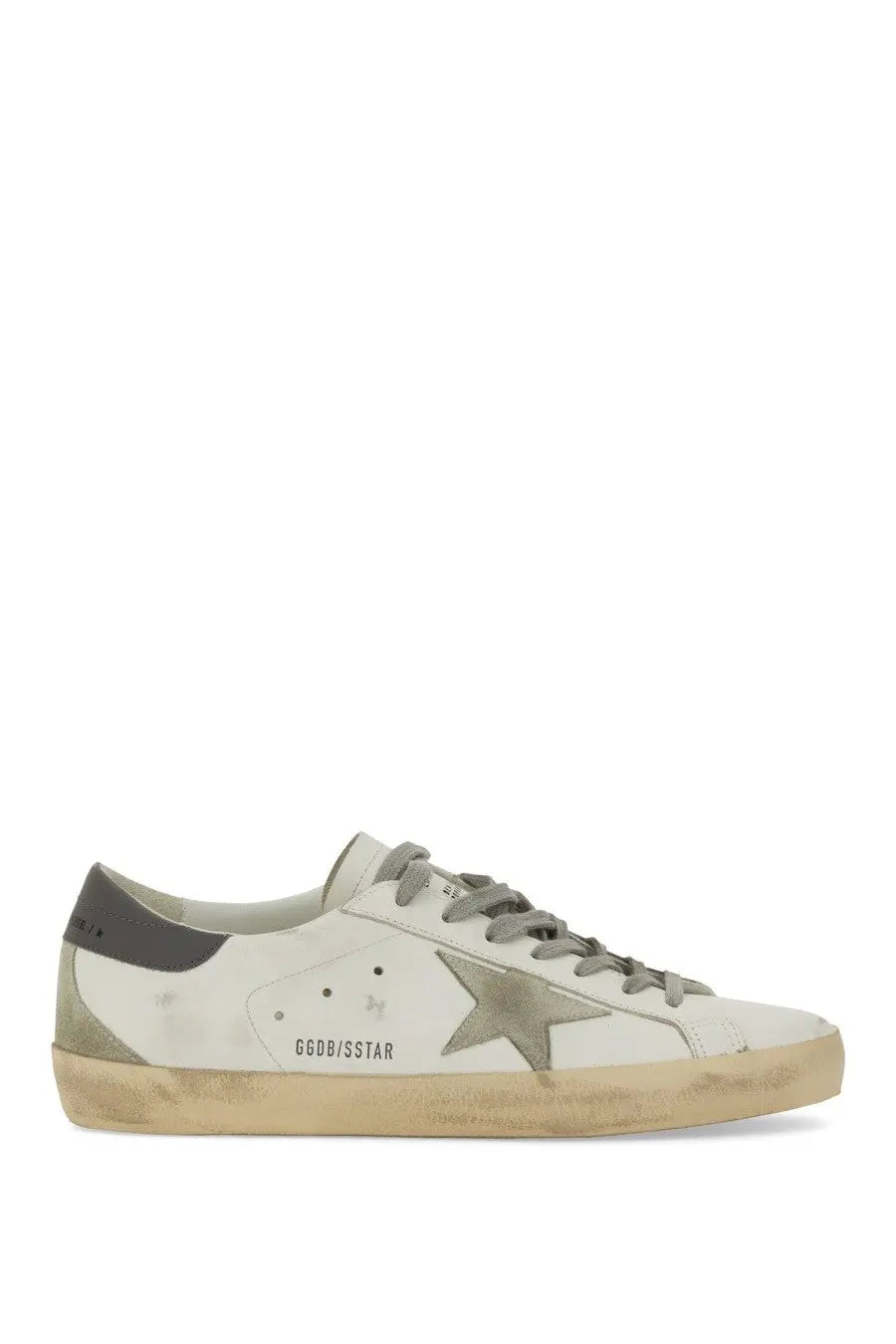 Golden Goose Mens Super Star white leather sneaker with faded metallic star