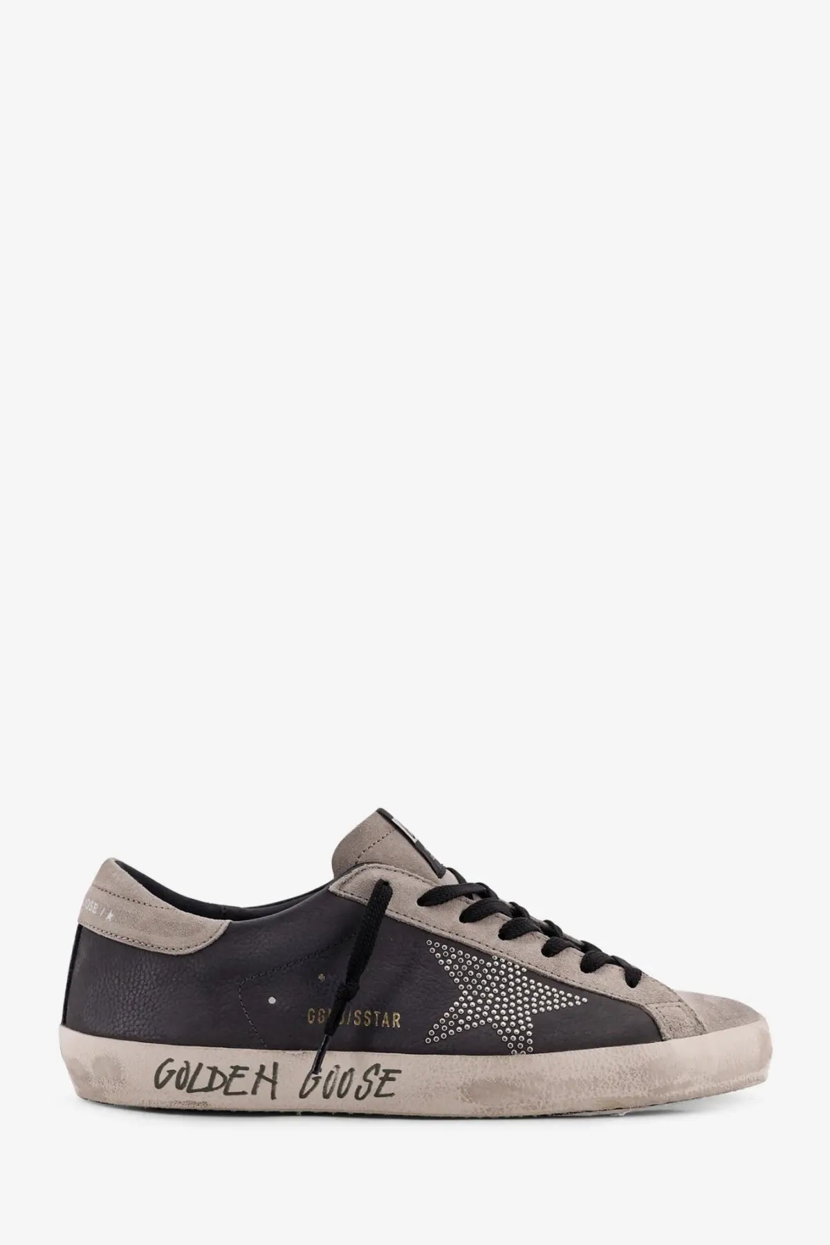 Golden Goose men’s superstar leather sneakers in dark gray suede with studded star and distressed white rubber sole