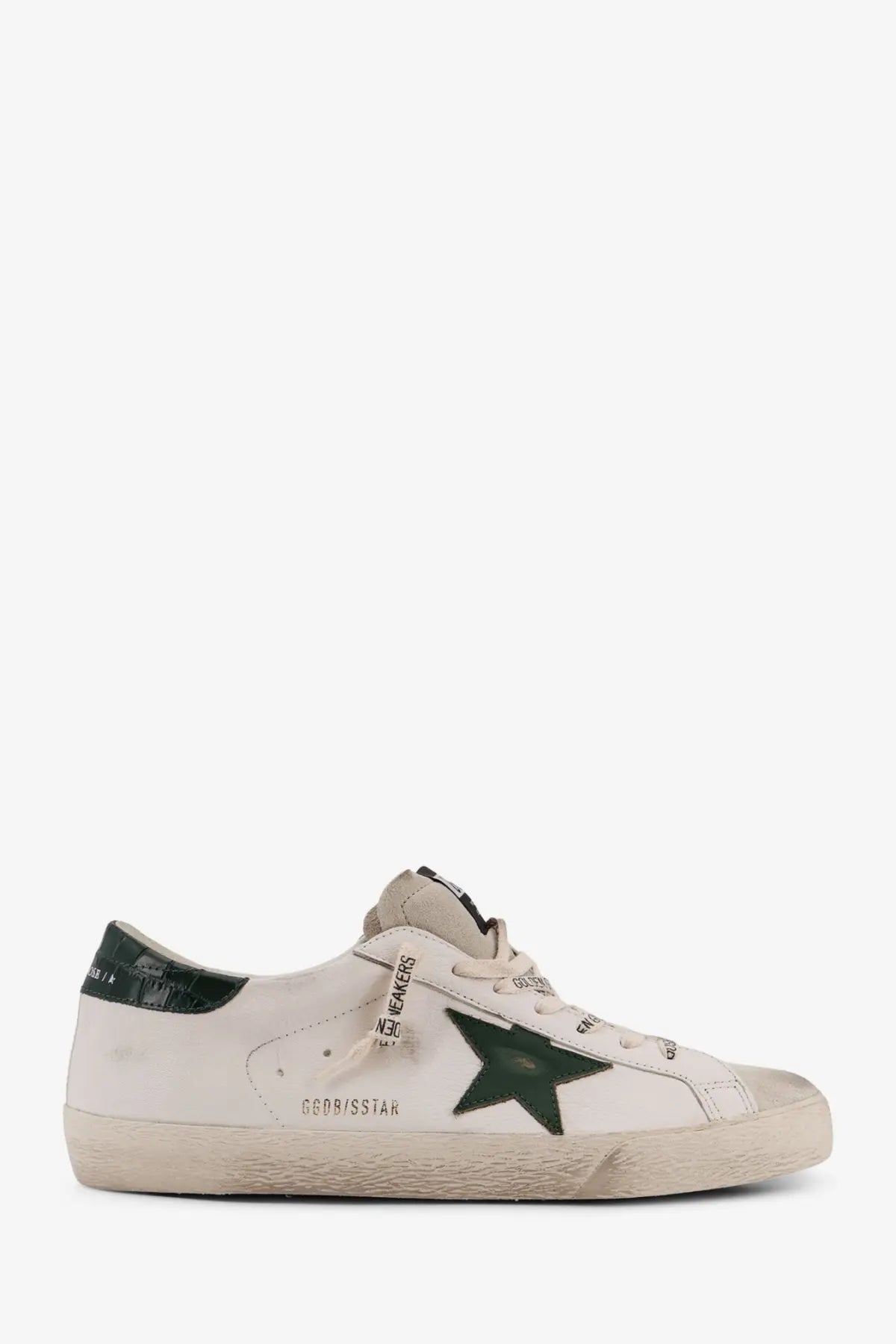 Golden Goose men’s superstar leather sneaker in white with a dark green star and crocodile-textured heel tab