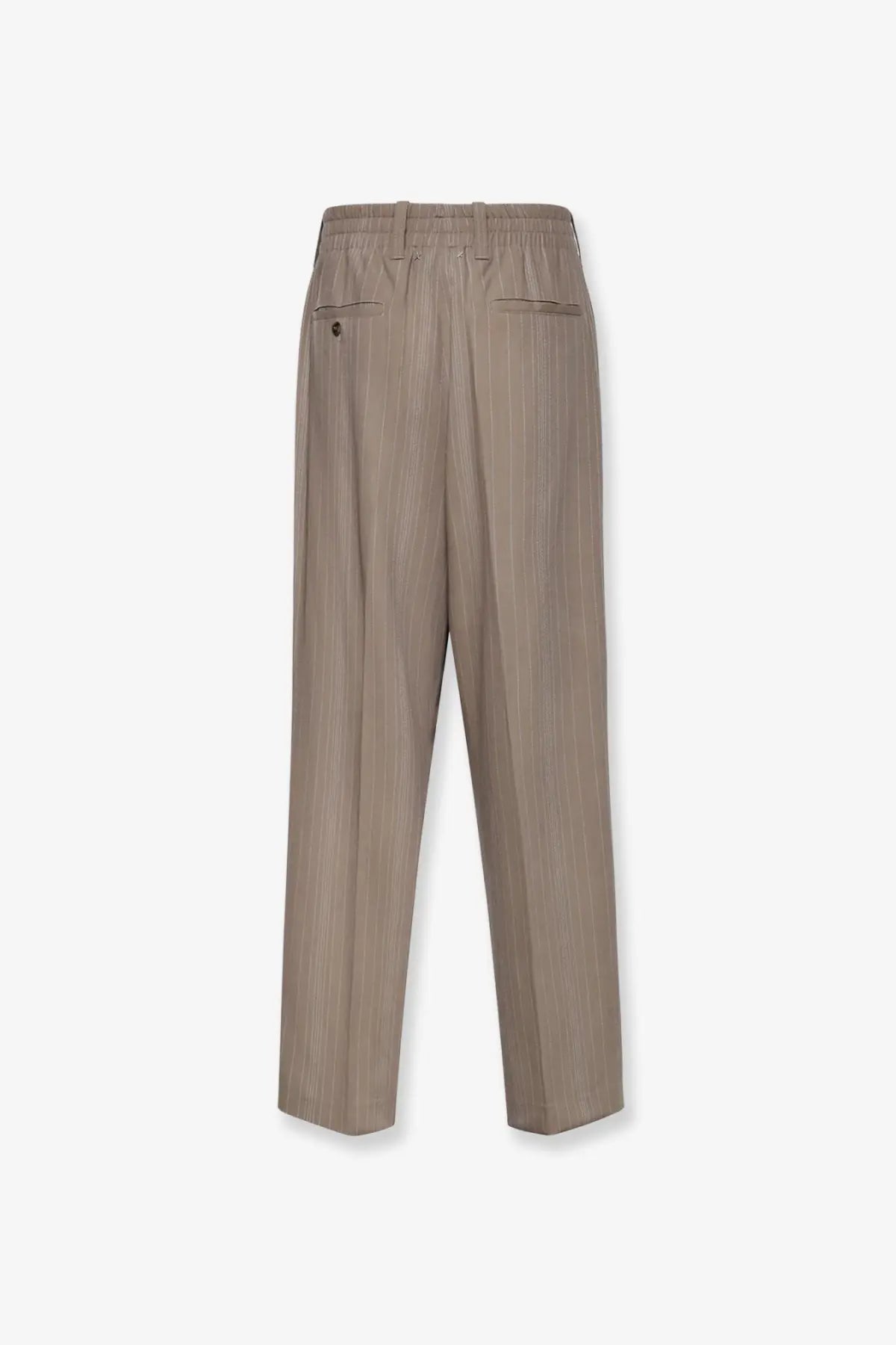 Beige pinstripe golden goose men’s wool blend trousers roasted cashew with elastic waistband and two rear pockets back view