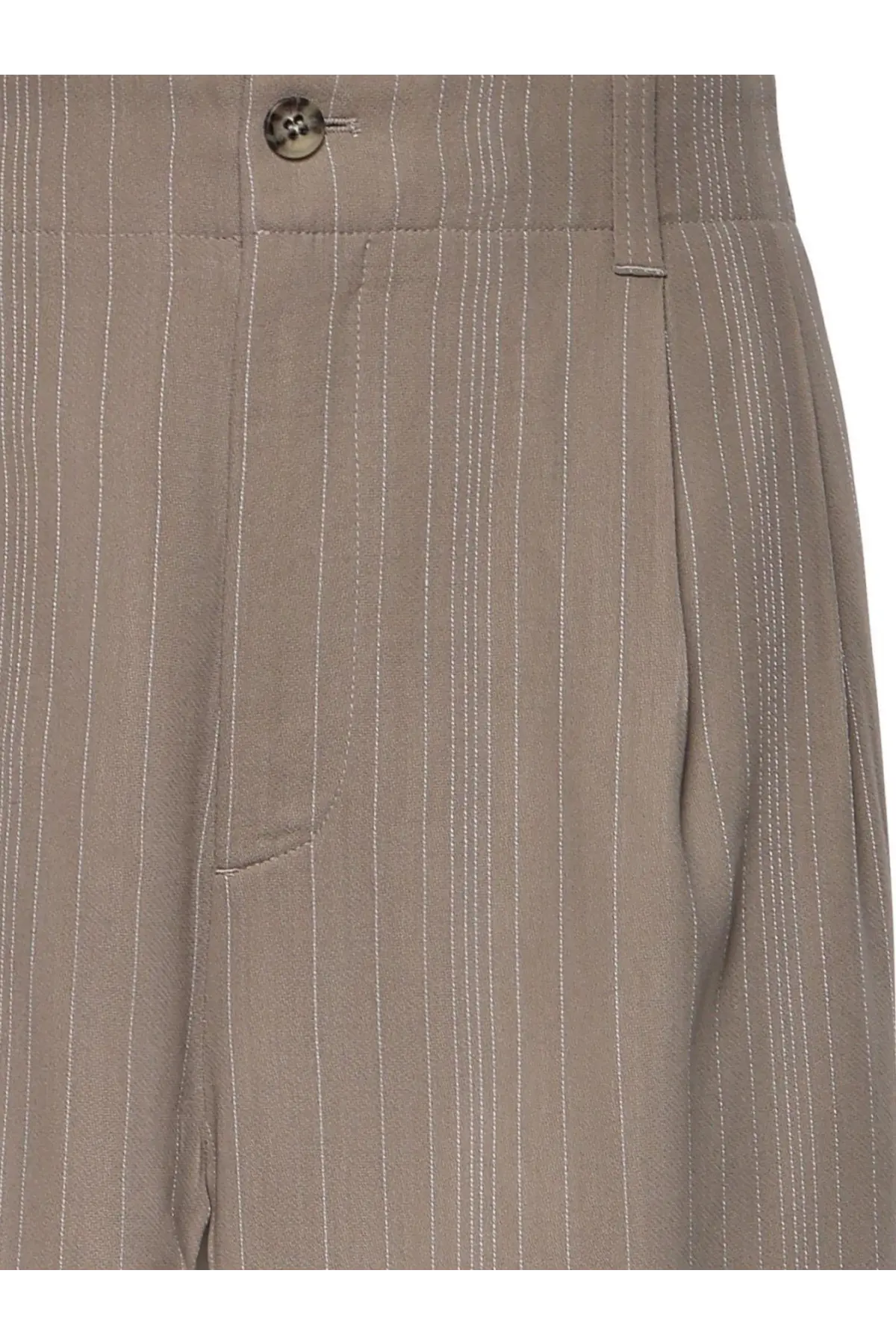 Golden Goose men’s wool blend trousers roasted cashew beige pinstripe with subtle white stripes and metallic waistband button