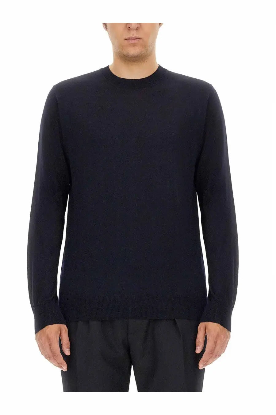 Black crewneck sweater with smooth fine knit texture featured in golden goose mens wool jersey blue collection