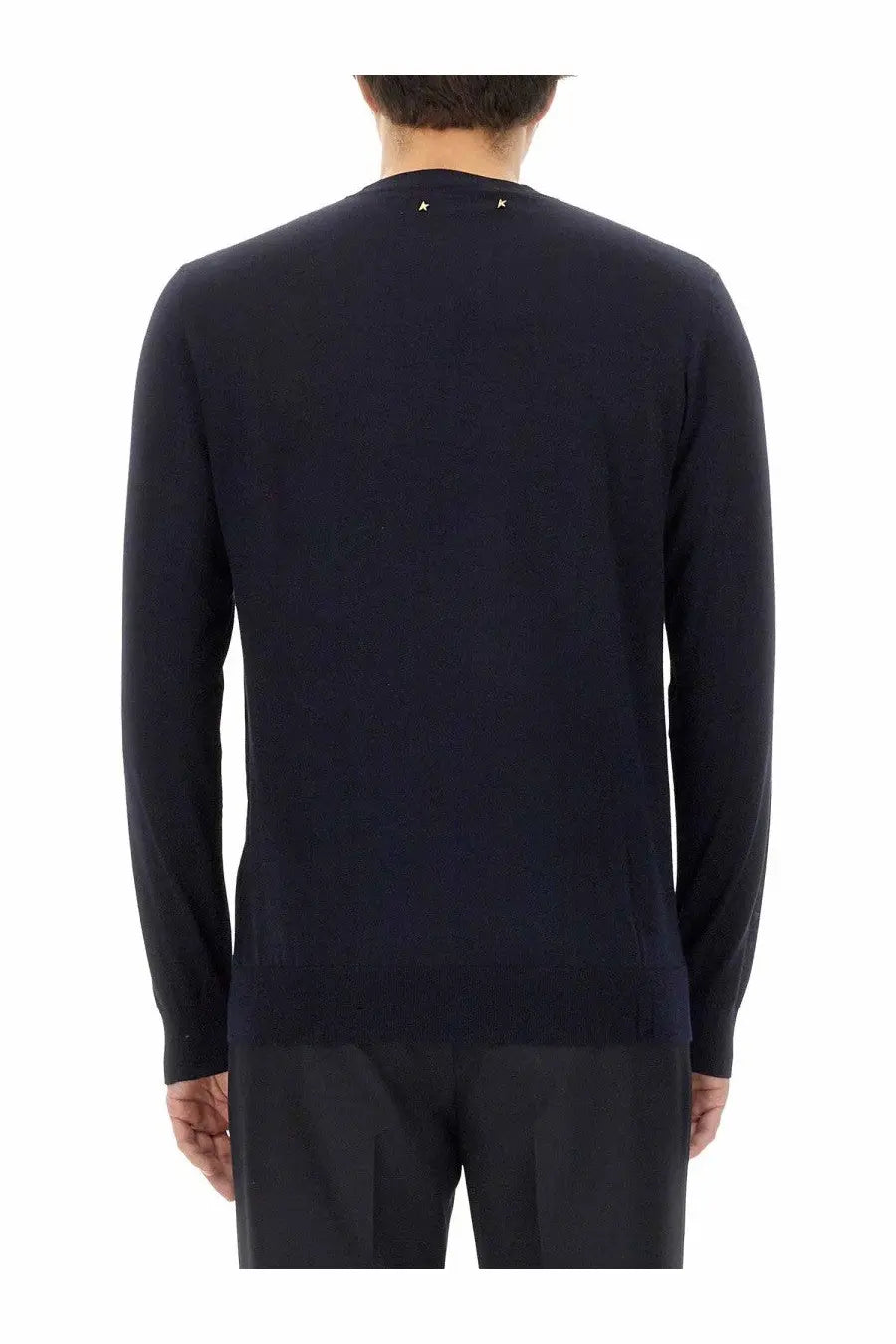 Golden Goose men’s wool jersey blue dark navy long-sleeved knit sweater with gold star embellishments at neckline