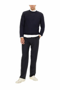 Golden Goose men’s navy blue wool jersey crewneck sweater with white collar and cuffs