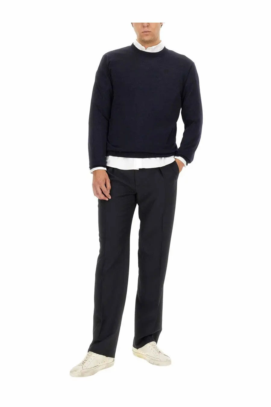 Golden Goose men’s wool jersey sweater in navy blue with white collar and cuffs for casual wear