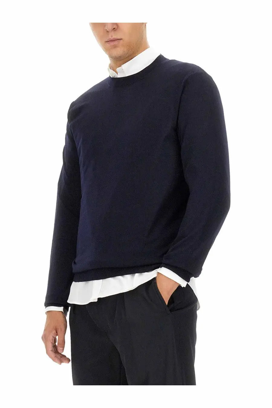 Golden goose men’s wool jersey blue navy sweater with long sleeves white shirt collar and cuffs visible