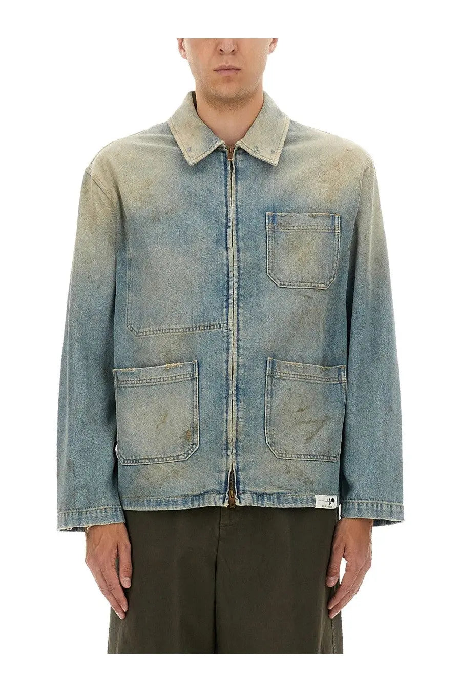 Golden Goose men’s work journey ms mackenzie jacket blue faded denim with distressed finish and three front pockets