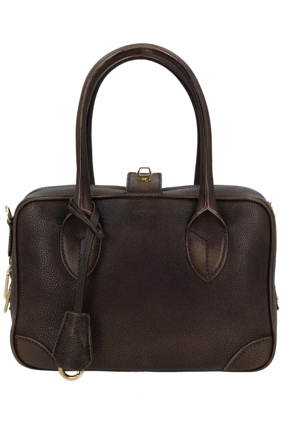 Golden Goose women’s bag life brown dark brown pebbled leather handbag with gold-tone hardware and structured design