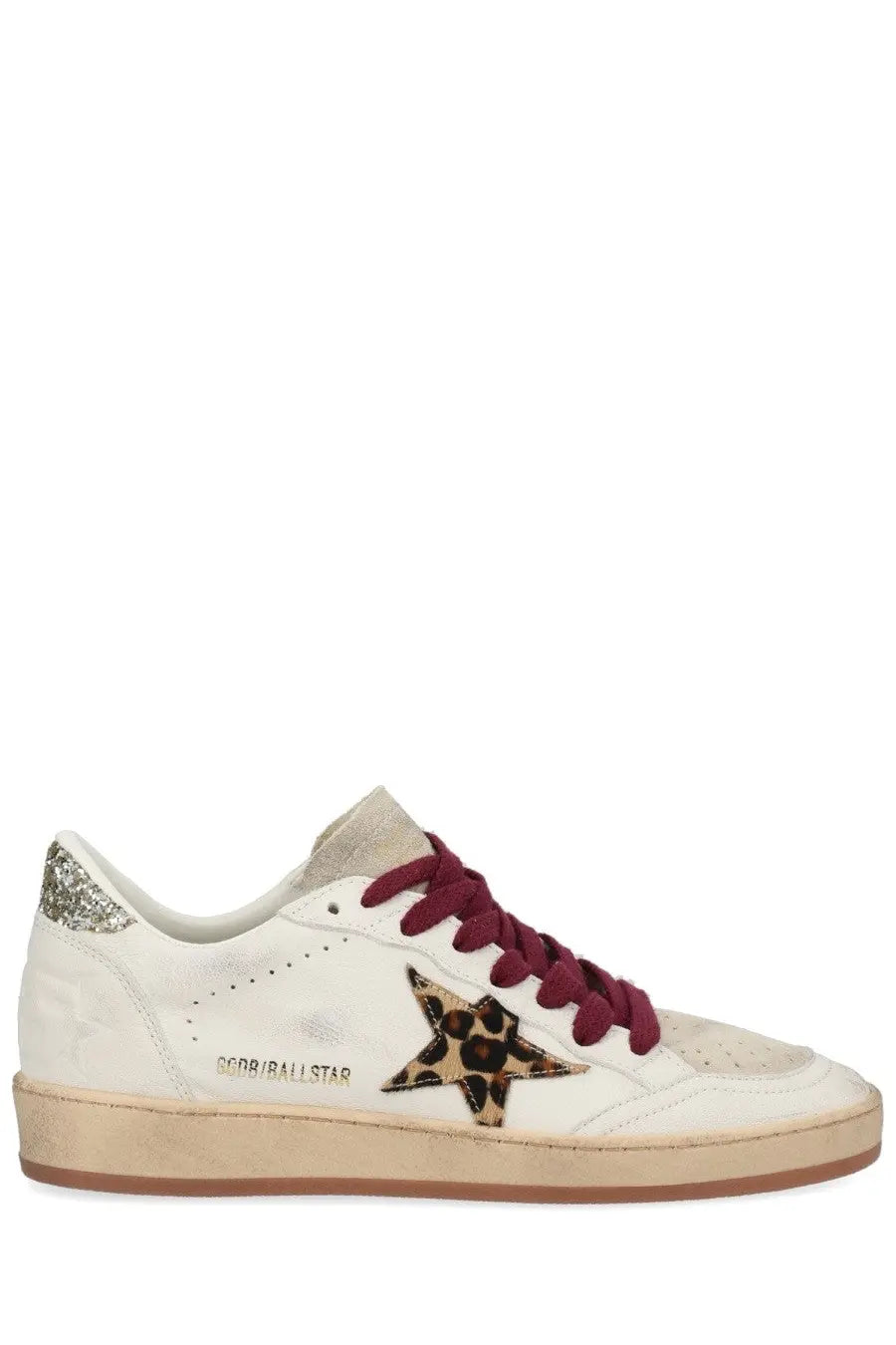 Golden Goose women’s ball star sneaker in white leather with leopard star patch burgundy laces and glittery heel tab