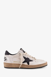 Golden Goose women’s ball star vintage leather sneaker in white with black star emblem suede texture and cork sole