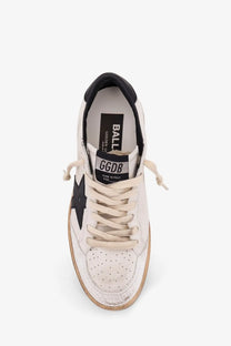 Golden Goose women’s ball star vintage leather sneaker white with black star logo distressed texture and beige laces