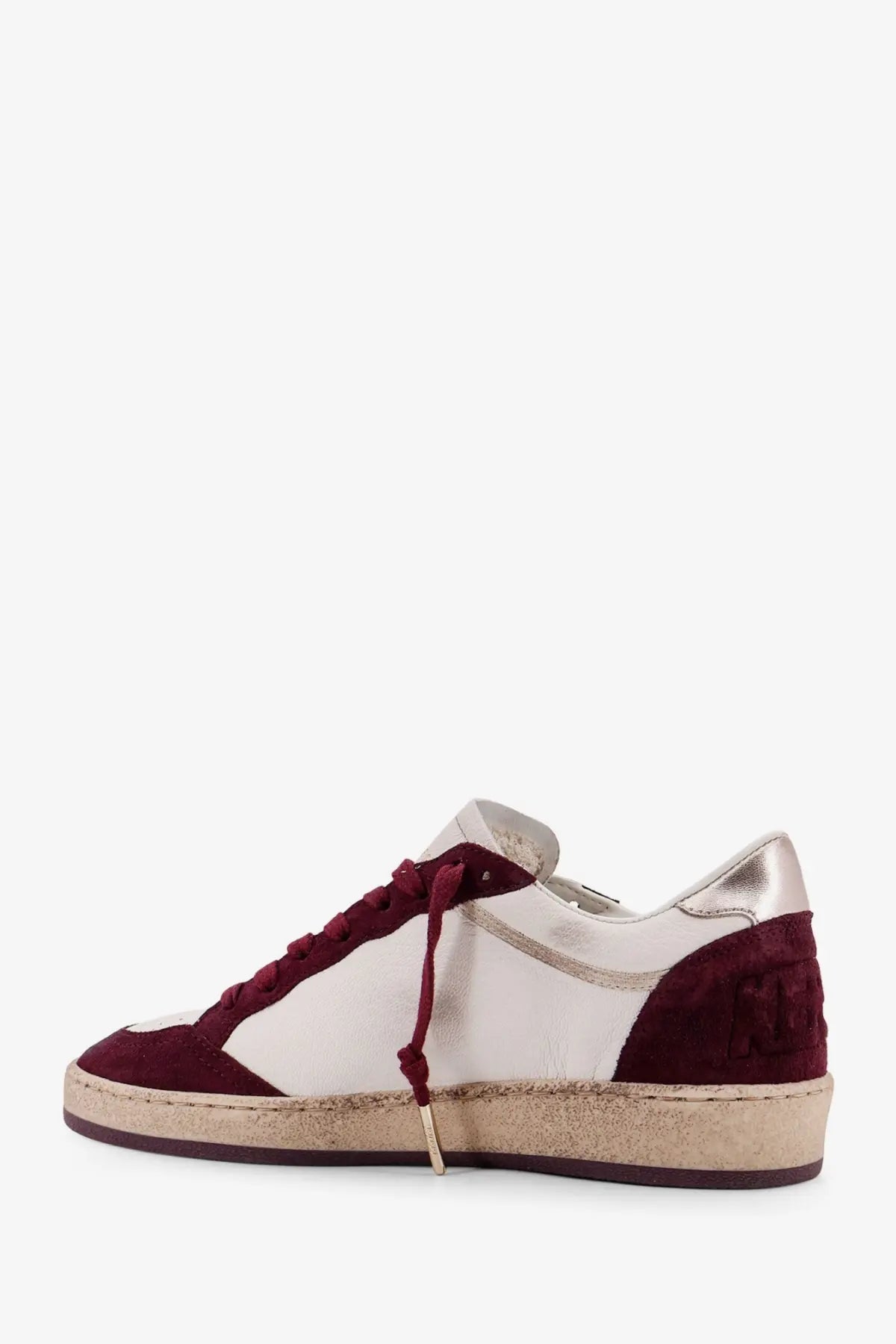 Golden goose women’s ballstar leather sneaker in maroon and white suede with metallic silver heel tab and espadrille sole