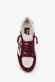 Golden Goose women’s ballstar leather sneaker in maroon and white suede with a glittery star detail on the side