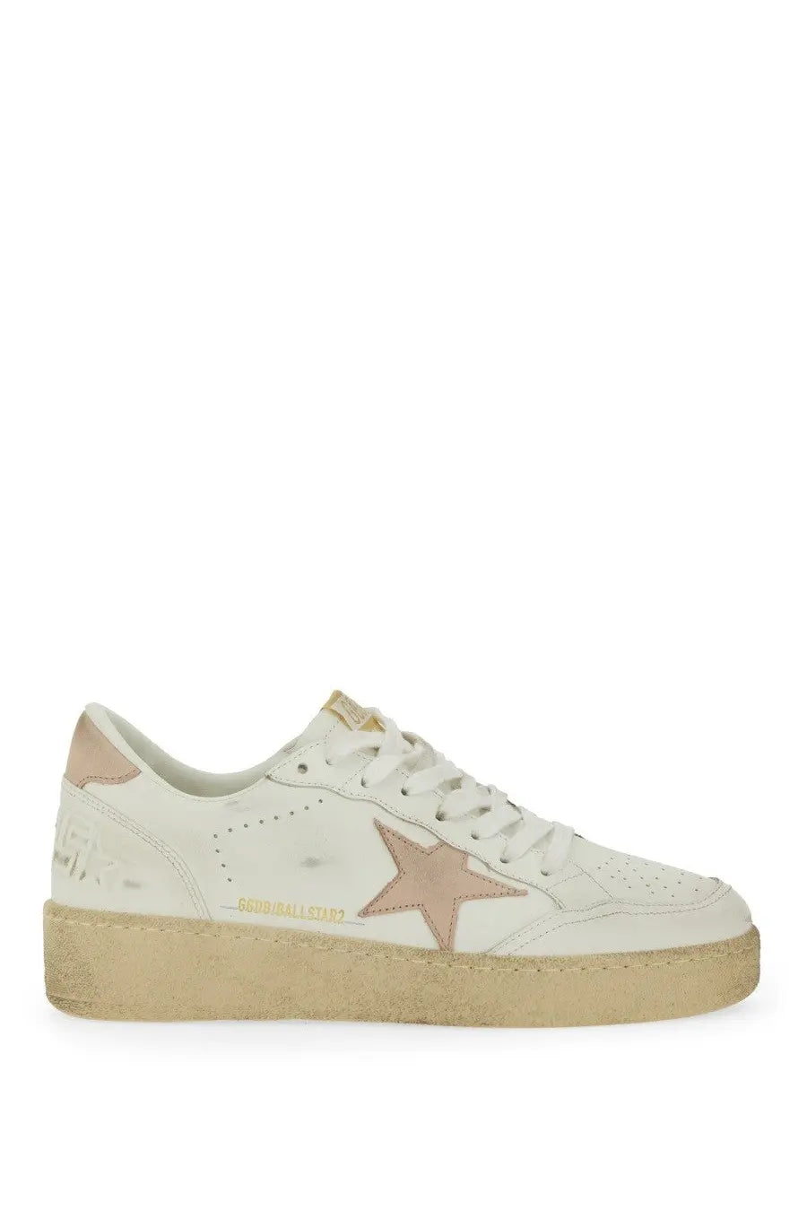 Golden Goose women’s Ballstar sneaker in white leather with rose gold star emblem and beige rubber sole
