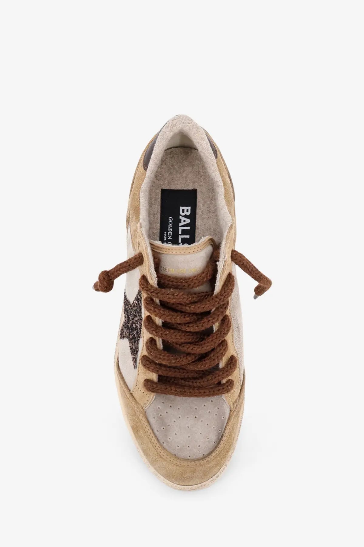 Golden Goose women’s Ballstar beige suede sneakers with glittering star and thick braided laces