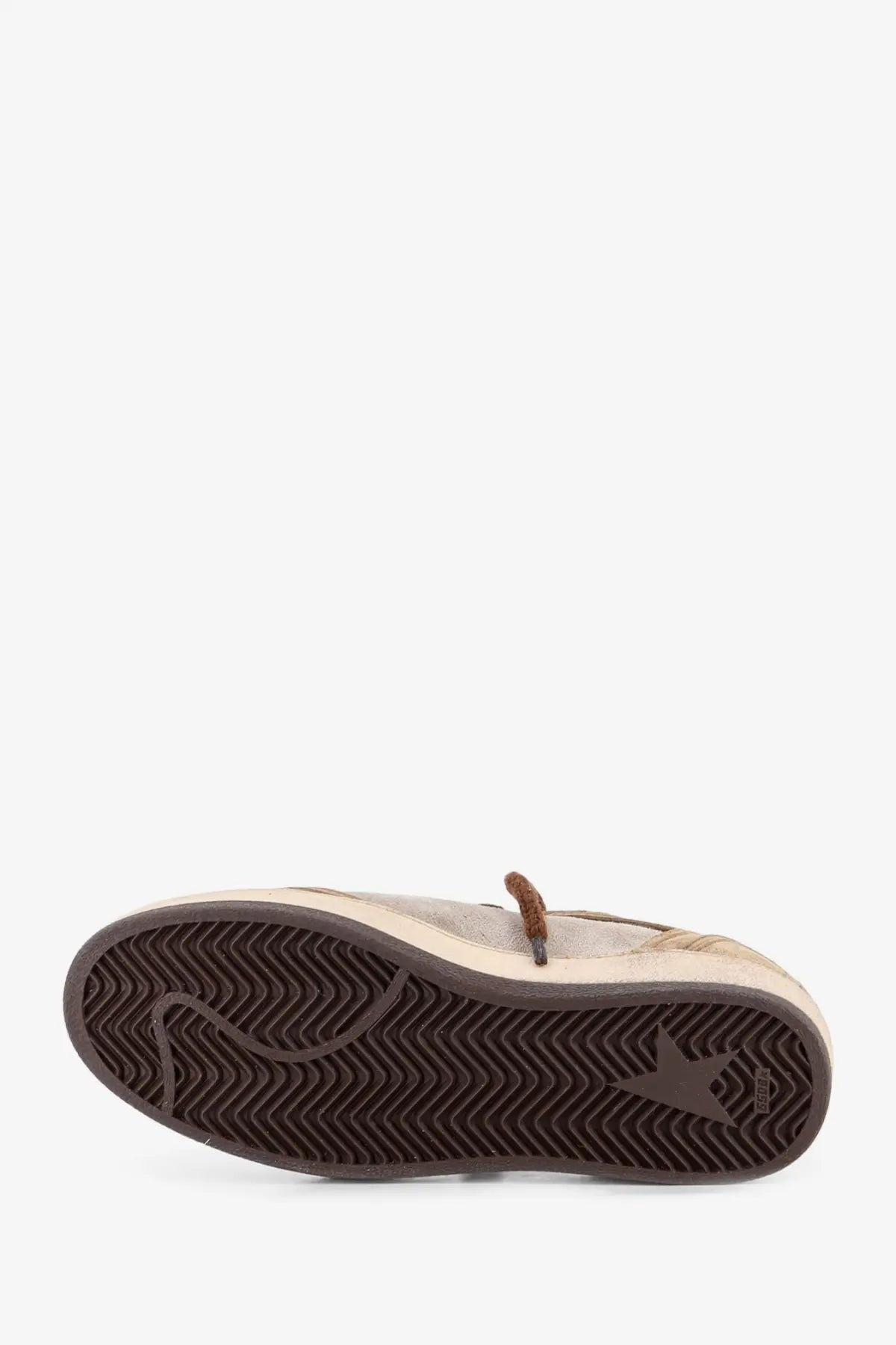 Golden Goose women’s Ballstar suede sneaker in beige with brown rubber sole star logo and wavy tread pattern