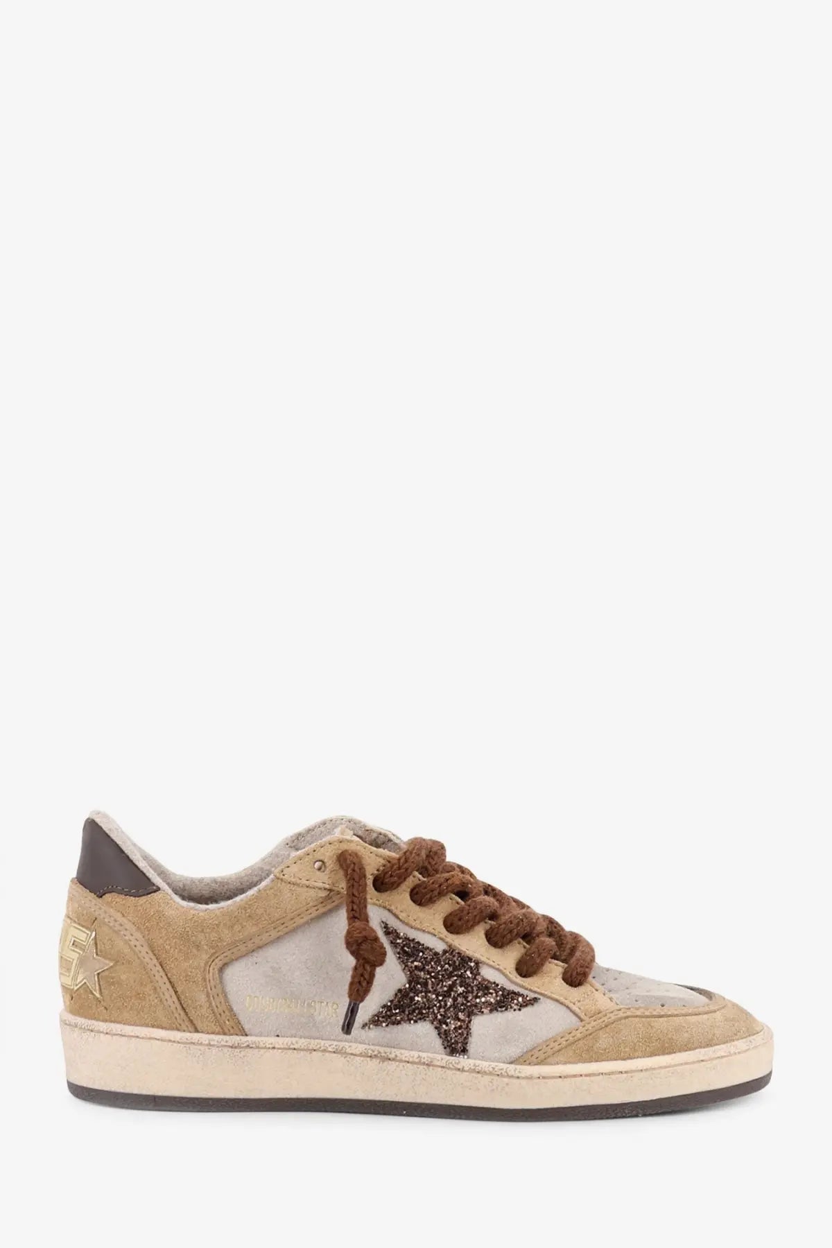 Golden Goose women’s Ballstar beige suede sneaker with glittering brown star and matching brown laces