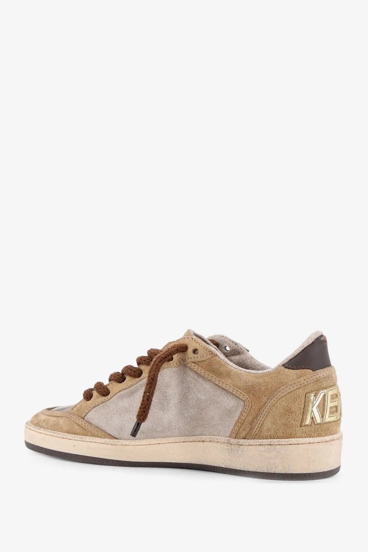 Back view of golden goose women’s ballstar beige tan suede low-top sneaker with light gray panel and gold ke branding