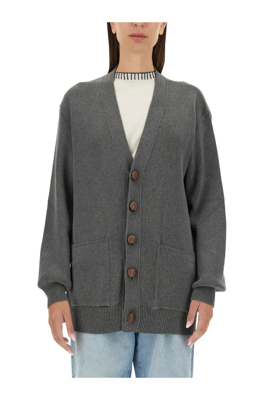 Golden goose women’s grey ribbed knit cardigan with wooden buttons and front pockets in soft knit material