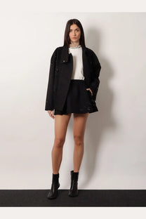 Black embellished bomber jacket with subtle glittery details paired with golden goose women’s cotton blend midi skirt black