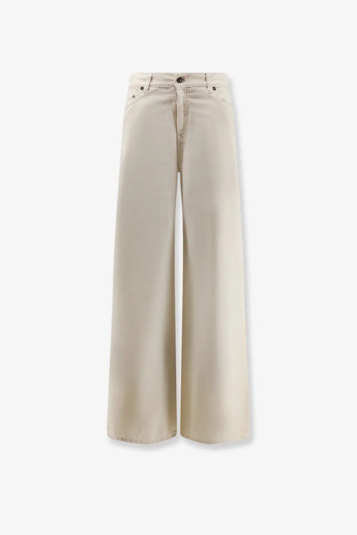 Beige wide-leg denim trousers with classic five-pocket design and button closure from Golden Goose cotton blend collection