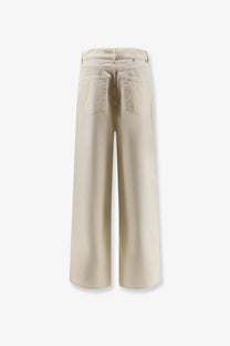 Beige wide-leg denim trousers with relaxed fit and classic back pockets from golden goose womens cotton blend yellow collection shown from back