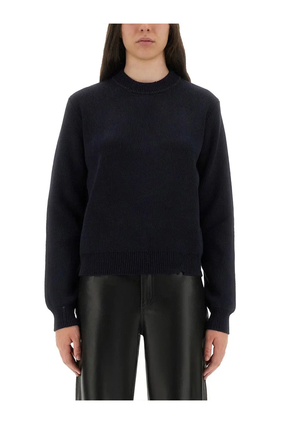 Black ribbed knit sweater with crew neck and long sleeves from golden goose womens cotton jersey blue collection