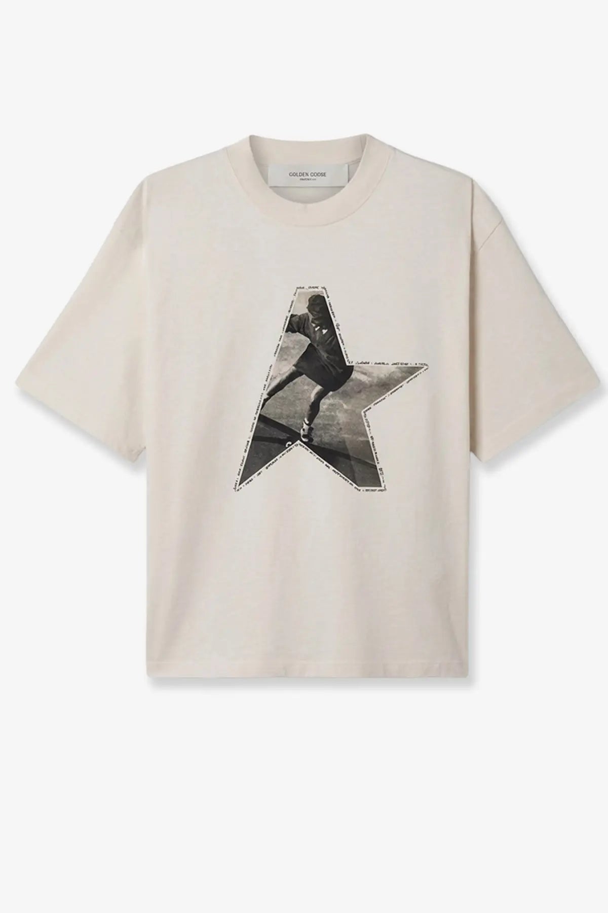 Golden Goose women’s cream cotton oversized t-shirt with black and white skateboarder graphic inside star outline