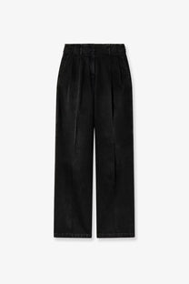 Golden goose women’s flavia stone washed black cotton trousers with high waist and sleek straight-leg pleated design