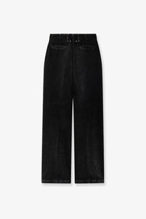 Black wide-leg denim trousers with high waist and subtle distressing at back pockets by golden goose
