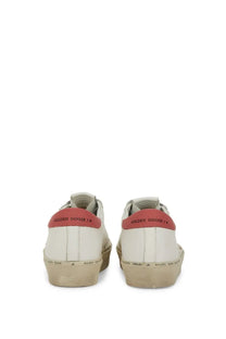 Golden Goose women’s hi star sneakers white leather with pink heel tab and beige rubber sole shown from the back
