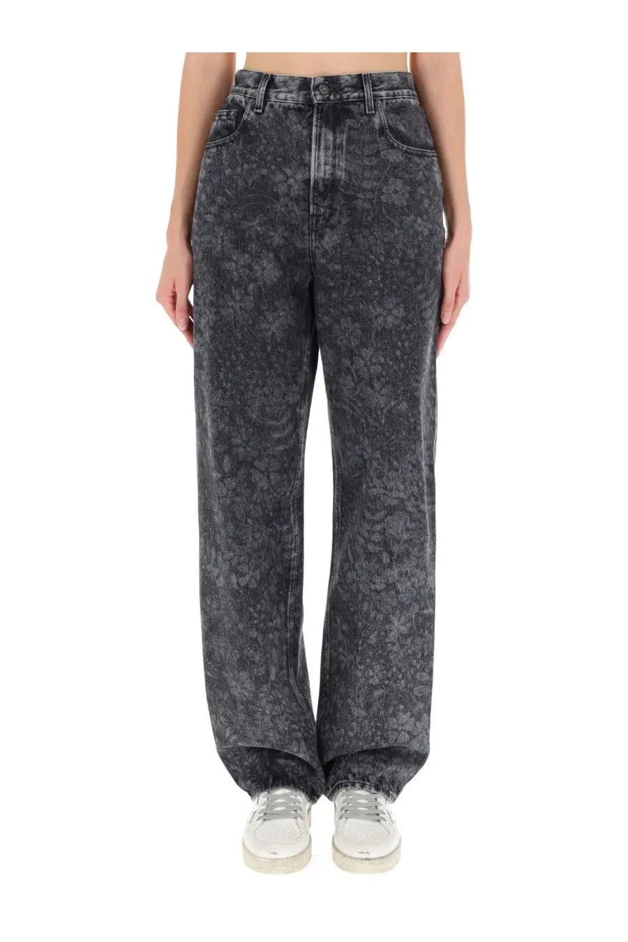 Golden Goose women’s black denim jeans with a subtle faded floral pattern and relaxed wide-leg cut