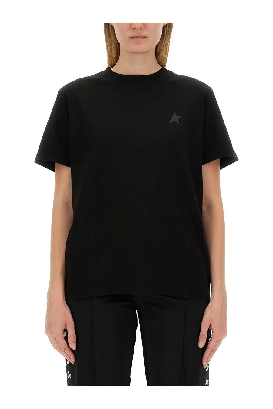 Golden Goose women’s black jersey short-sleeved t-shirt with subtle dark gray star logo on left chest