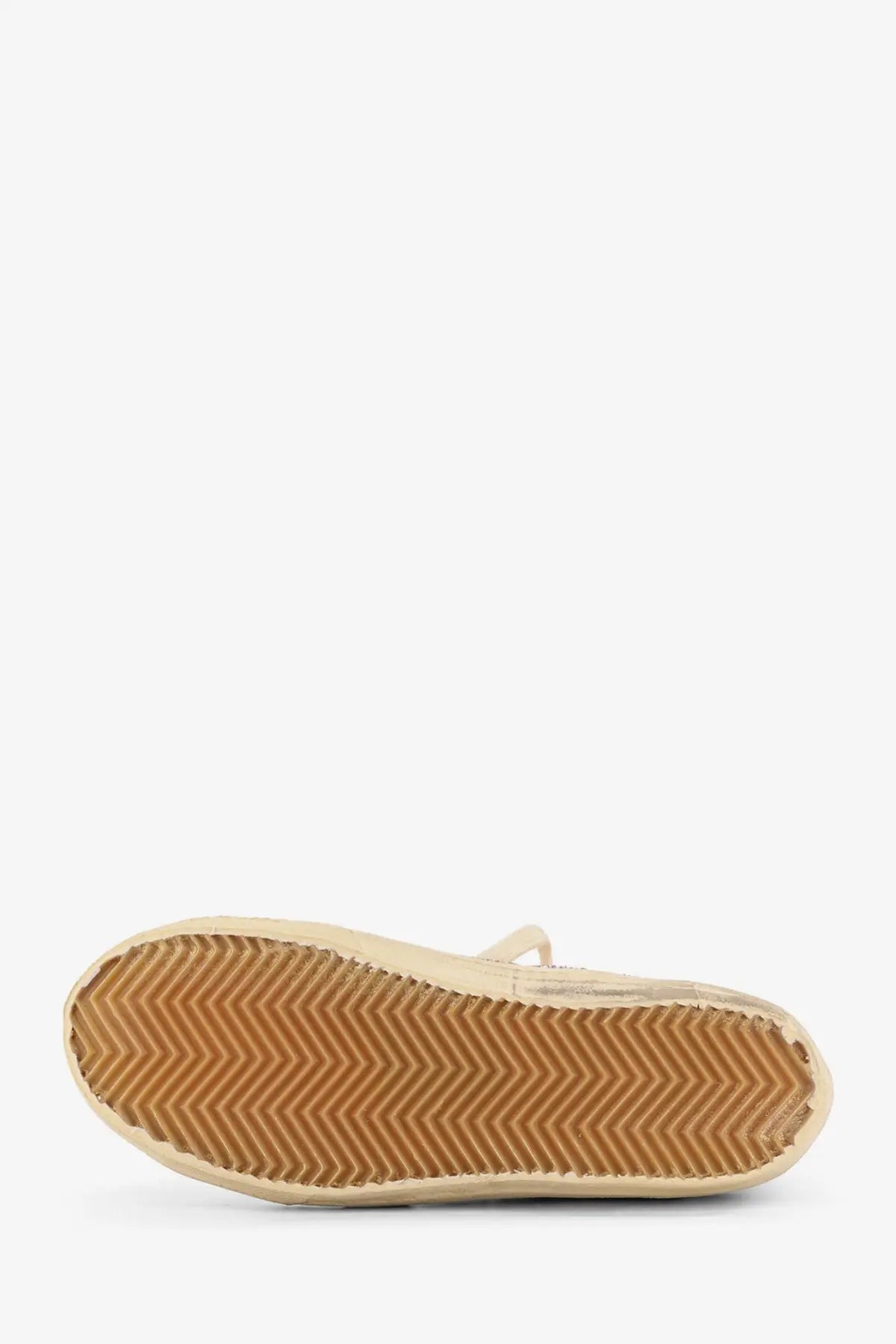 Golden Goose women’s beige leather sneakers with beige canvas slip-on design and tan rubber sole with zigzag tread pattern