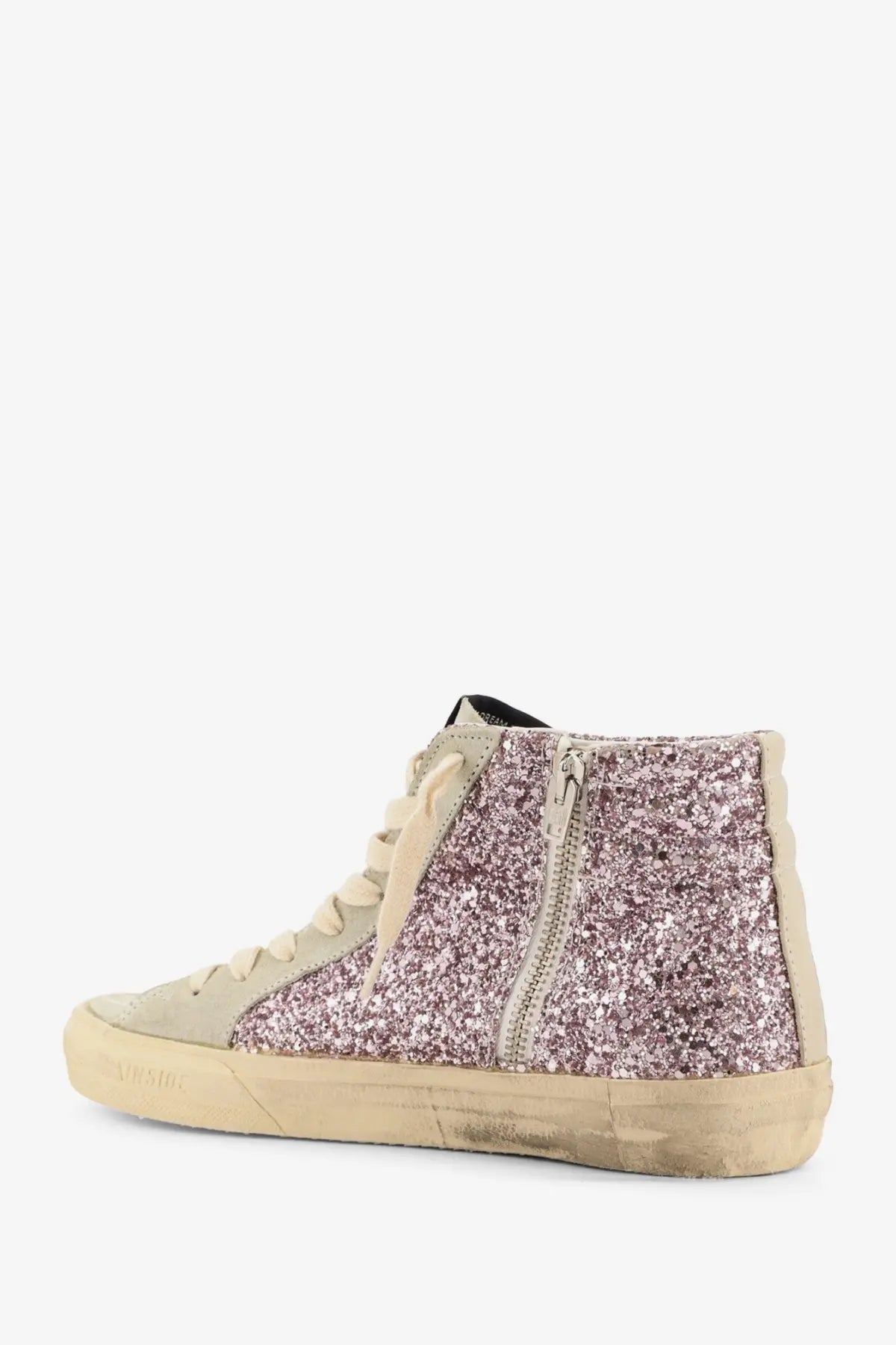 Golden Goose women’s leather high-top sneaker in glittery lavender with distressed beige rubber sole and matching laces