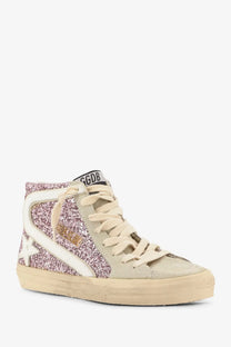 Golden Goose women’s leather sneakers beige with glittery pink white high top suede toe cap and cream laces