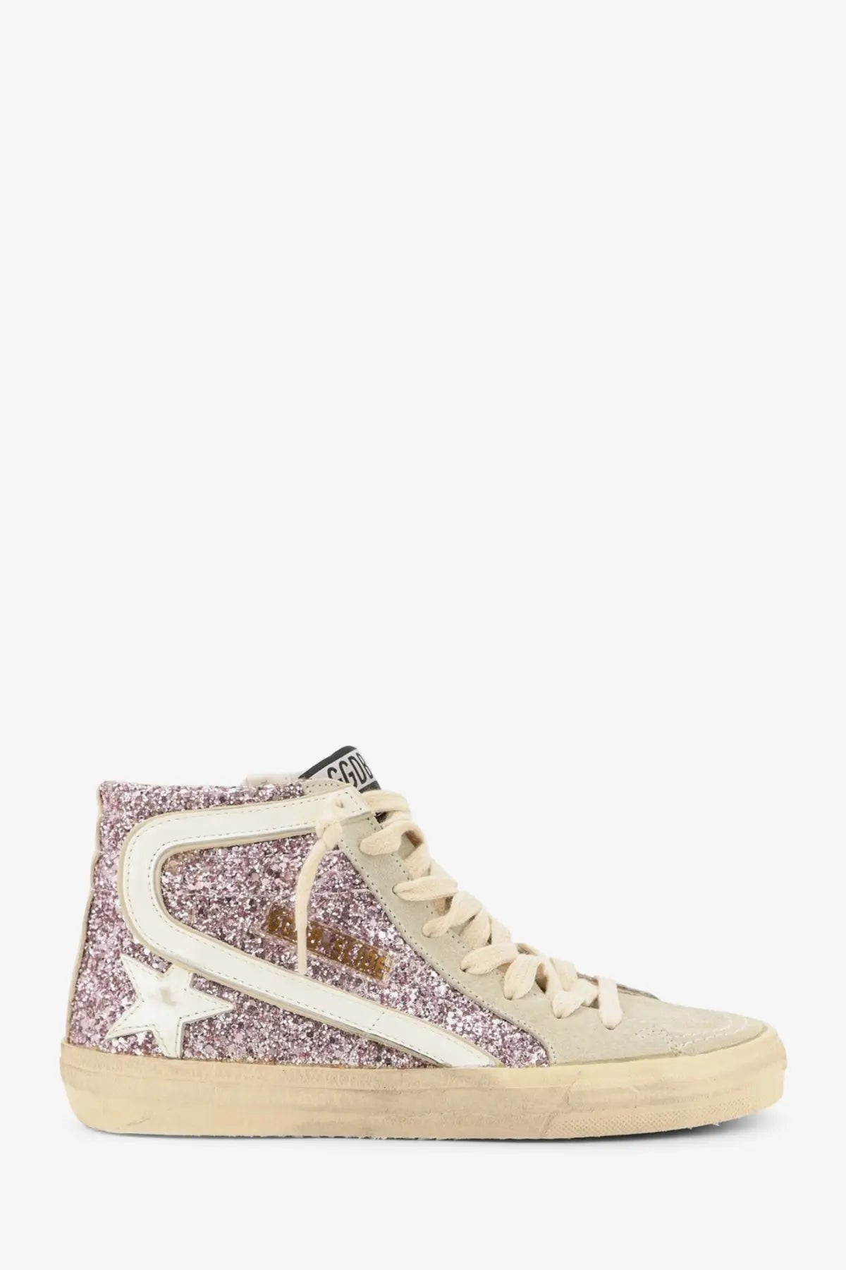 Golden Goose women’s leather sneakers beige with pink glitter high tops white star stripe accents and beige laces sole
