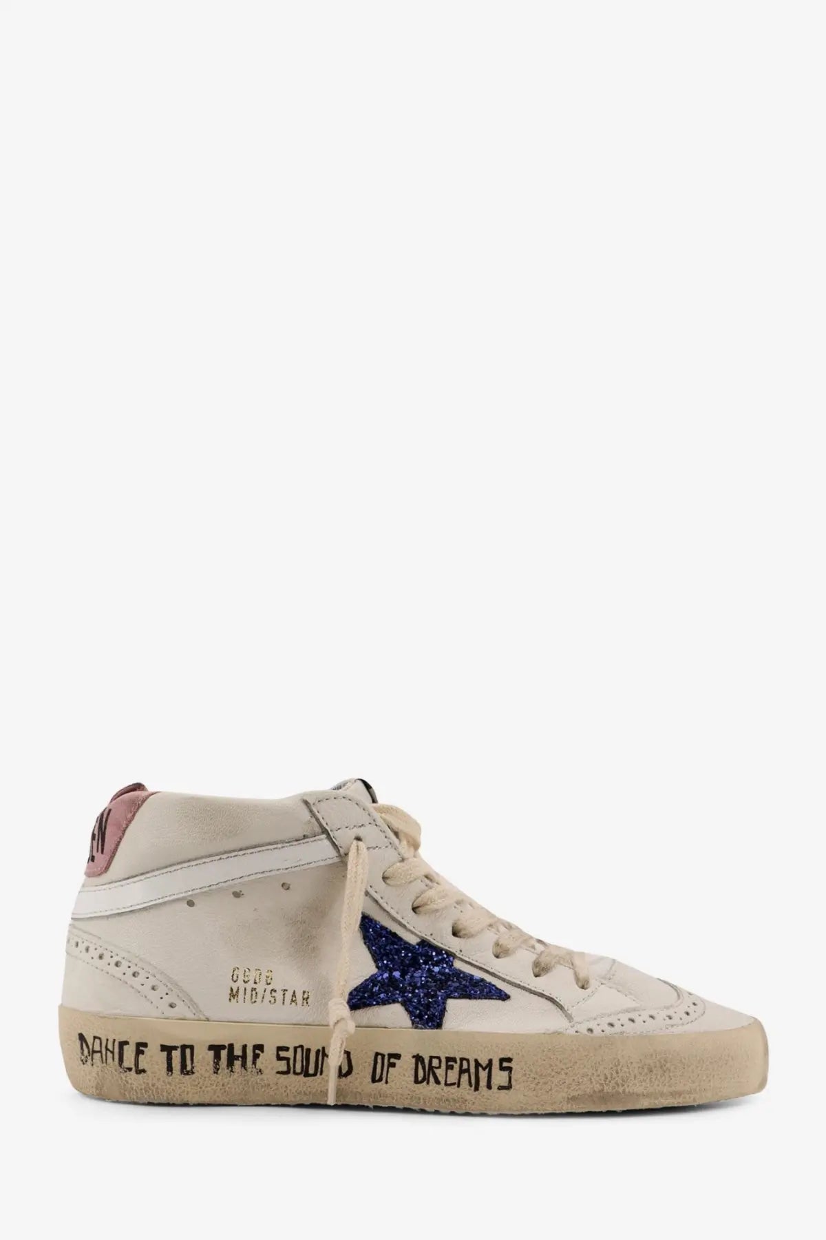 Golden Goose women’s white leather sneakers with a glittering blue star and dance to the sound of dreams sole detail